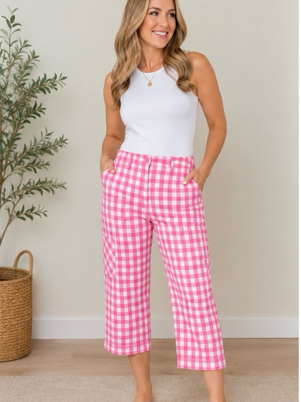Lilly Pulitzer Pink Gingham Cropped Wide-Leg Pants